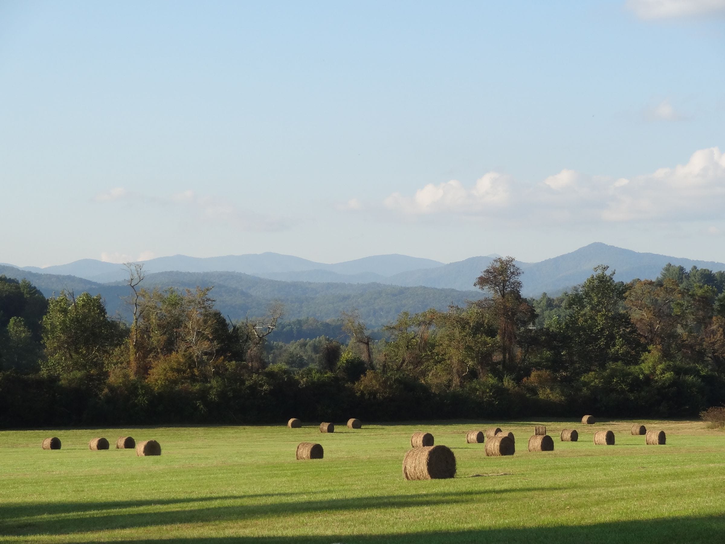 Junk removal in Seymour, TN: hay bales in a mowed field with wooded ridges and blue mountain ranges on the horizon