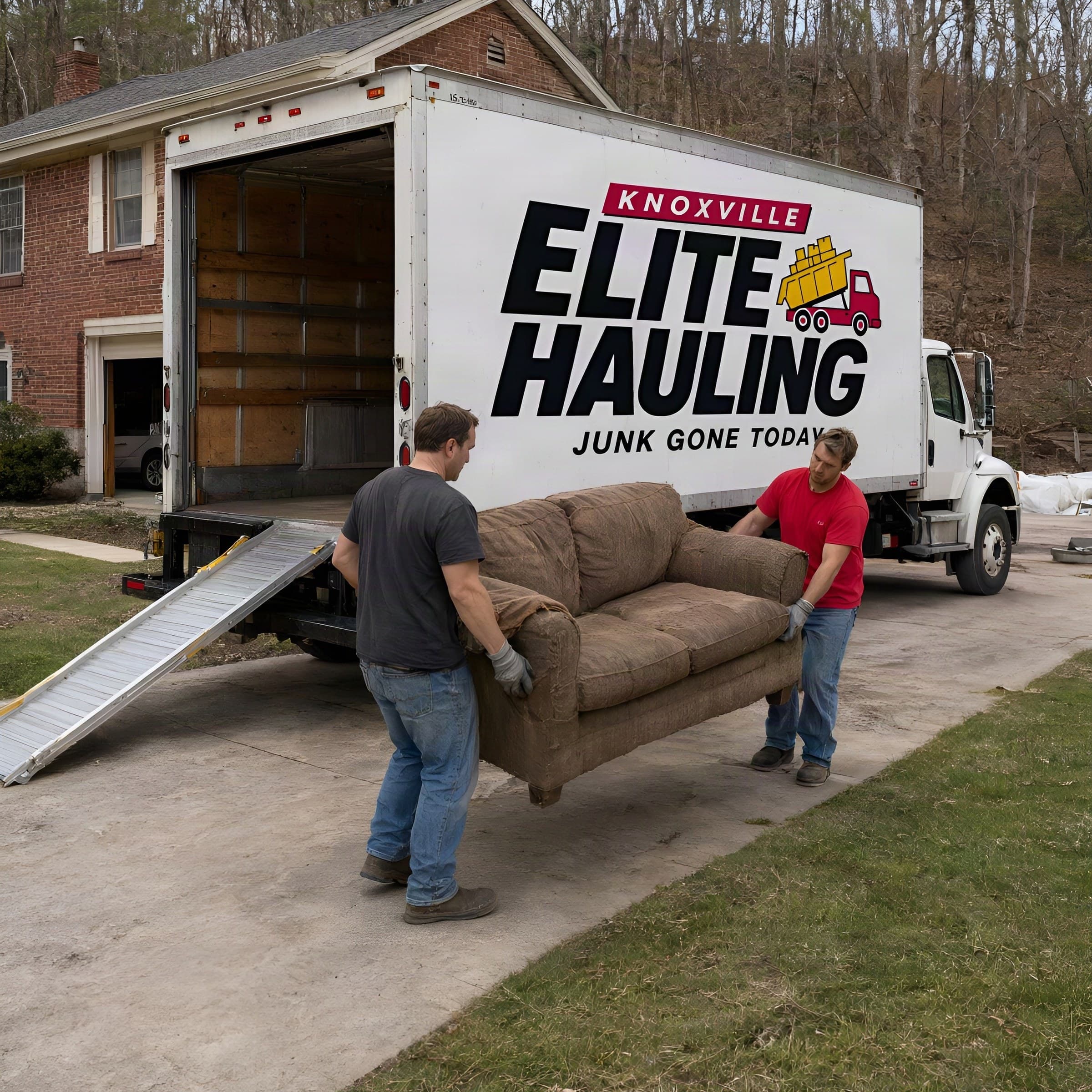 Two crew members carrying an old brown sofa down a driveway to a Knoxville Elite Hauling box truck
