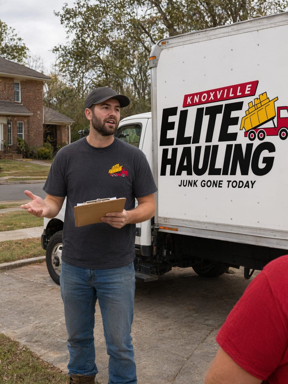 Owner with a clipboard talking beside a Knoxville Elite Hauling truck in a driveway