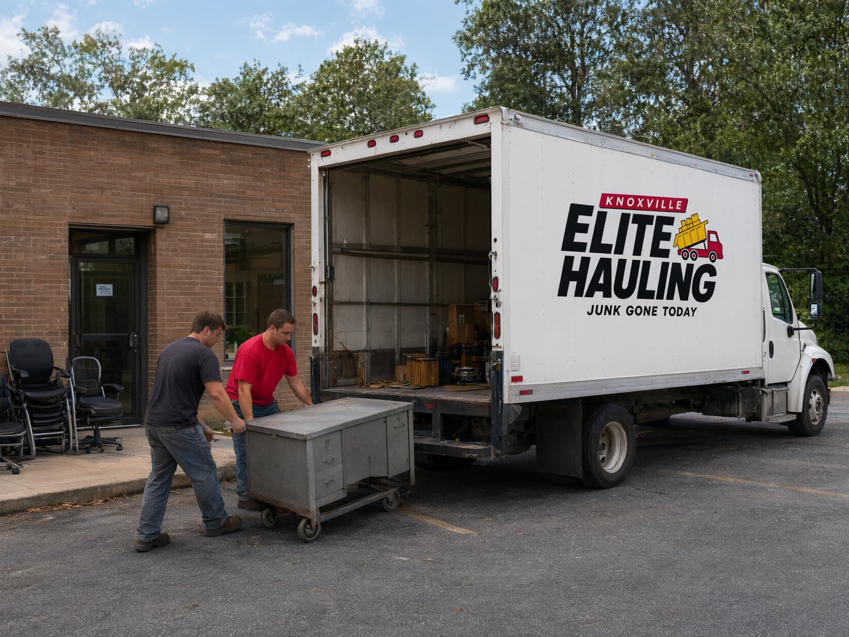 Commercial junk removal in Knoxville: crew wheeling an old office desk out of a small office building to the box truck