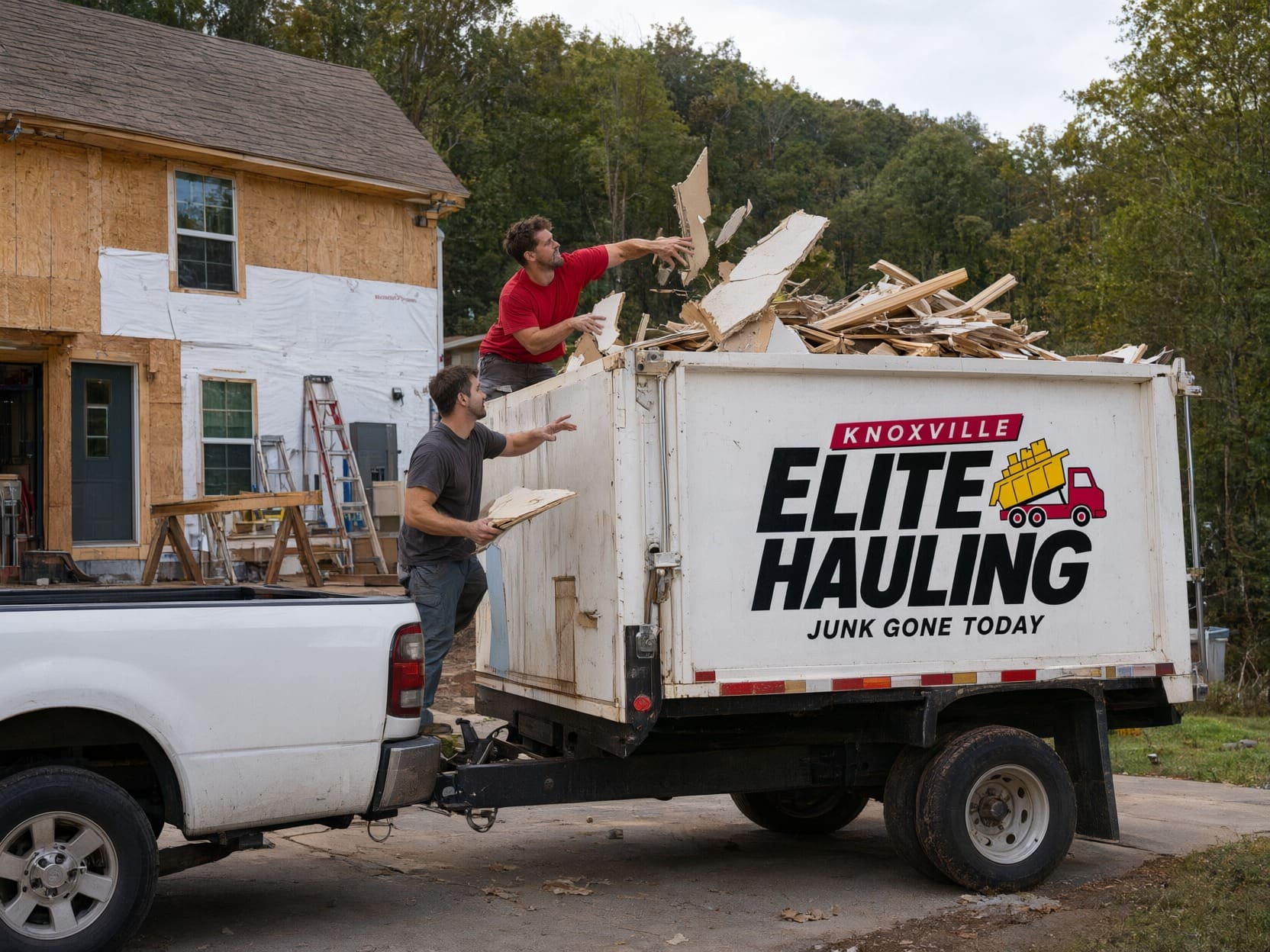 Construction debris removal in Knoxville: crew tossing drywall scraps and lumber into the branded trailer beside a house under renovation