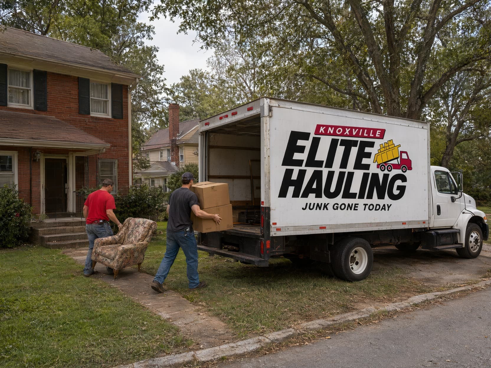 Estate cleanout in Knoxville: crew carrying boxes and an old armchair out of a brick house during an estate cleanout
