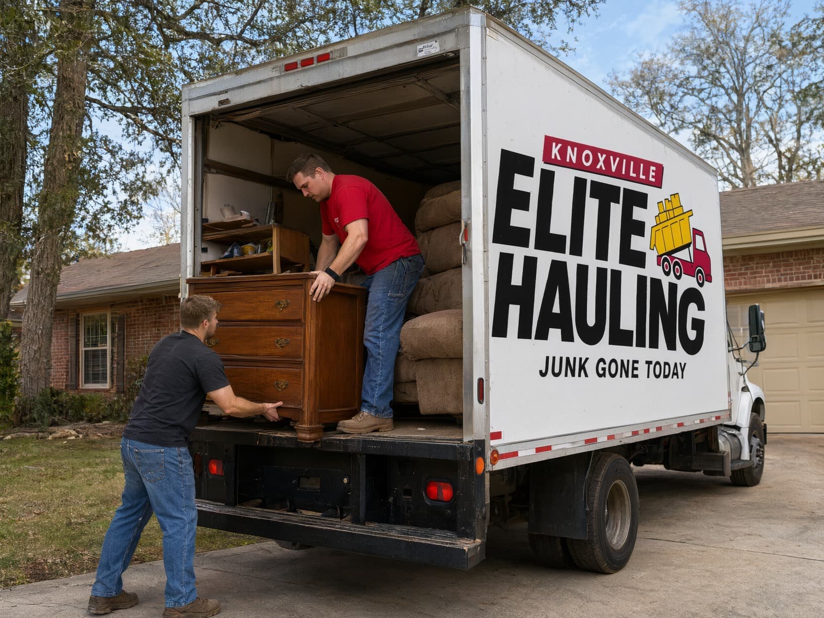 Furniture removal in Knoxville: two crew members loading a wooden dresser into a Knoxville Elite Hauling box truck