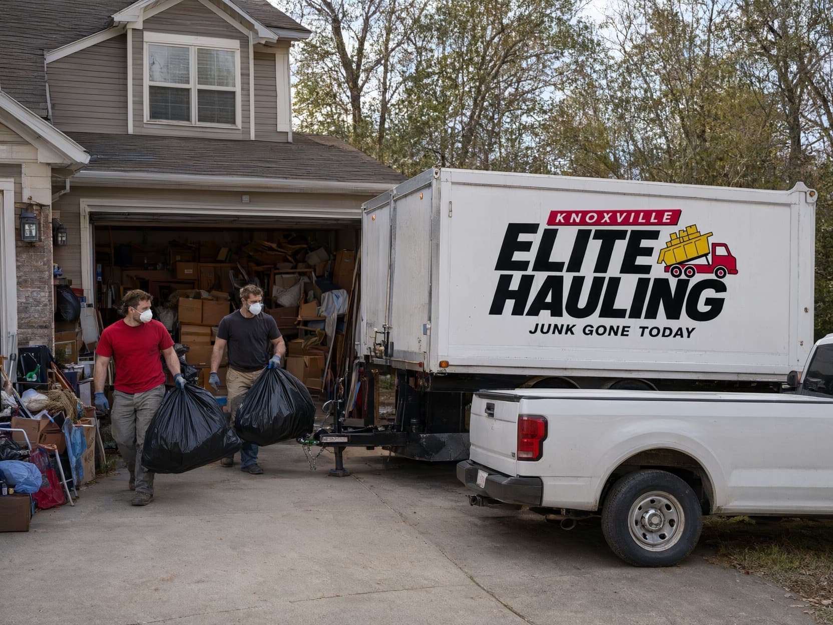 Hoarder cleanup in Knoxville: crew in gloves and masks carrying full bags out of a packed garage to the trailer