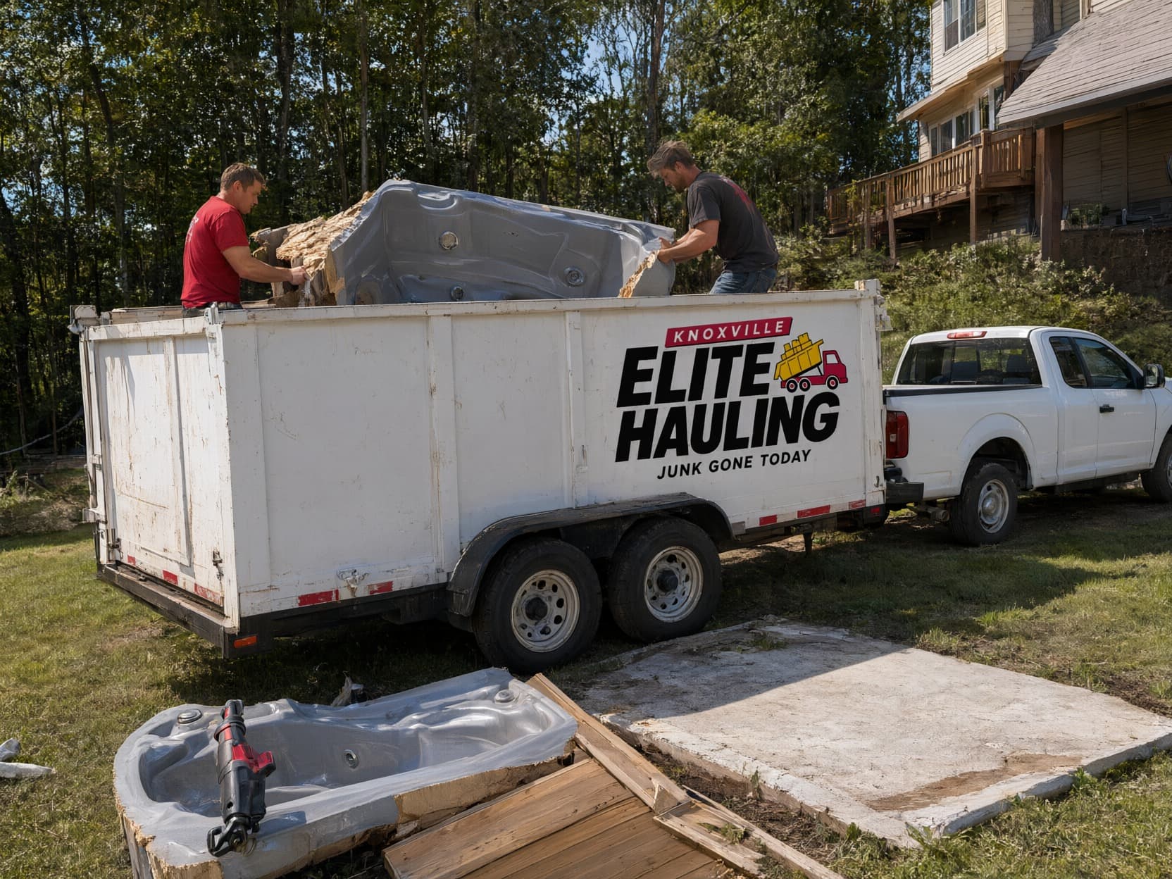 Hot tub removal in Knoxville: crew loading cut-up hot tub sections into a Knoxville Elite Hauling dump trailer in a back yard