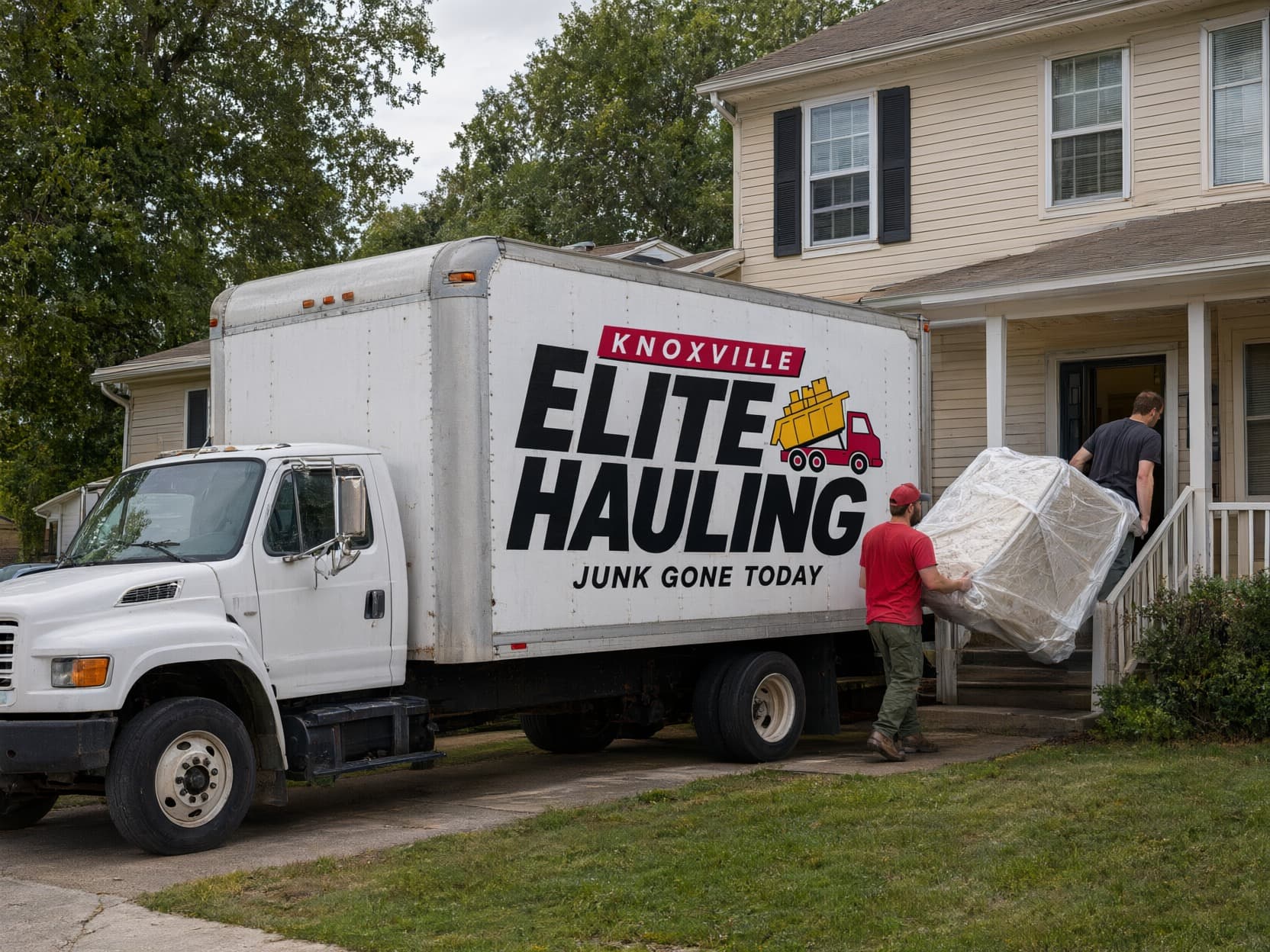 Mattress removal in Knoxville: crew carrying a plastic-wrapped mattress out of a house toward the junk removal truck