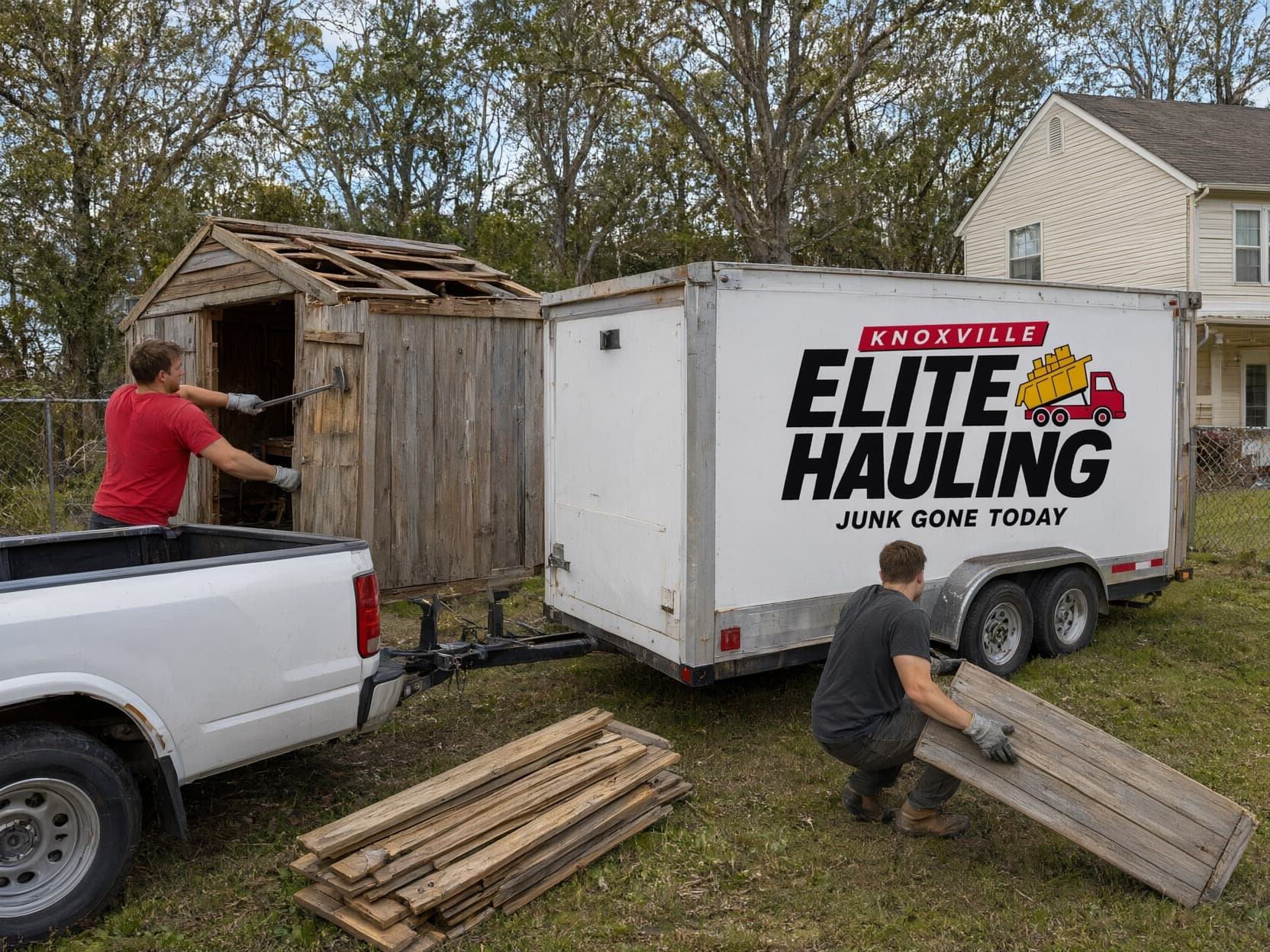 Shed removal in Knoxville: crew taking apart an old wooden shed with the branded trailer parked beside it