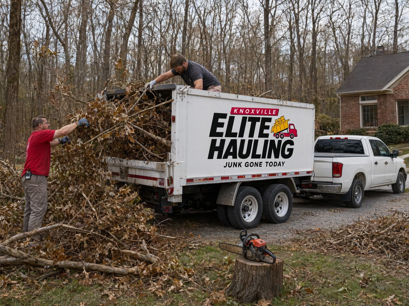 Yard waste removal in Knoxville: crew loading storm-felled branches and brush into a Knoxville Elite Hauling trailer