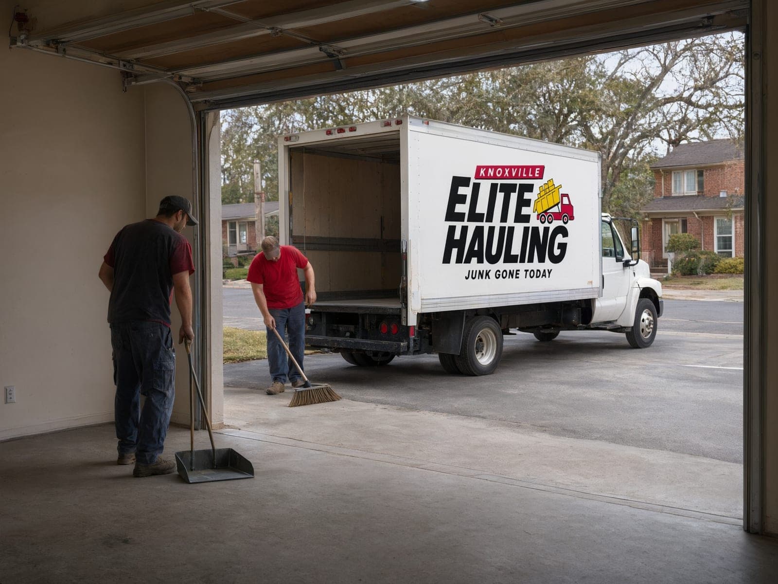 Crew sweeping out an emptied garage with the branded truck backed into the driveway